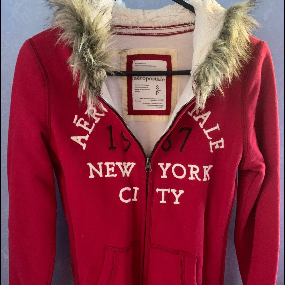 Red, faux fur Aeropostale sweatshirt.